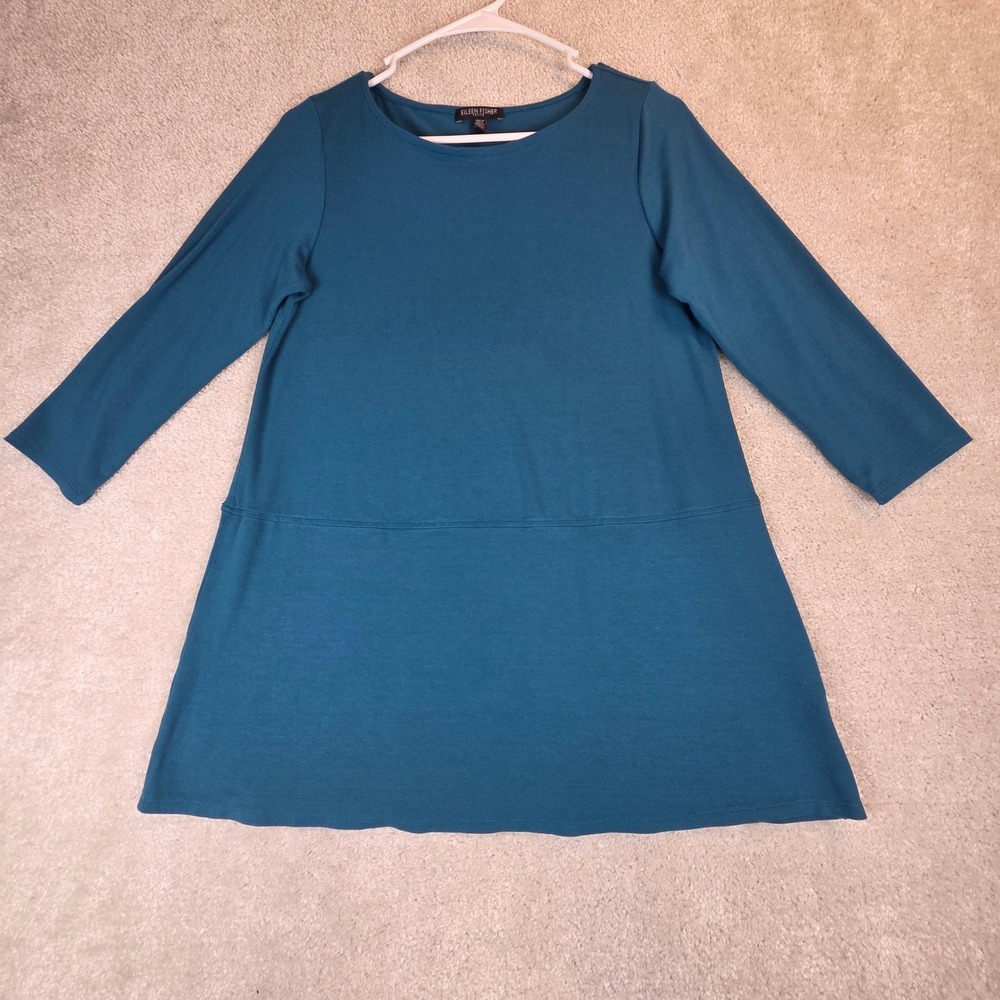 Eileen Fisher Petite Medium Teal Blue Viscose Jersey 3/4 Sleeve Tunic Top